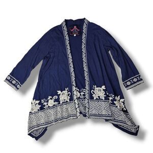 Johnny Was Blue Embroidered Long Sleeve‎ Cardigan Women's Size Small